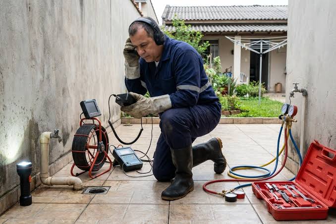 Profissional realizando detecção eletrônica de vazamento em residência