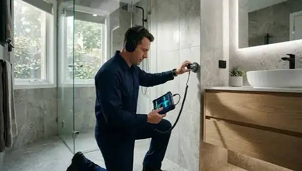 Técnico da SOS Caça Vazamentos realizando inspeção em banheiro